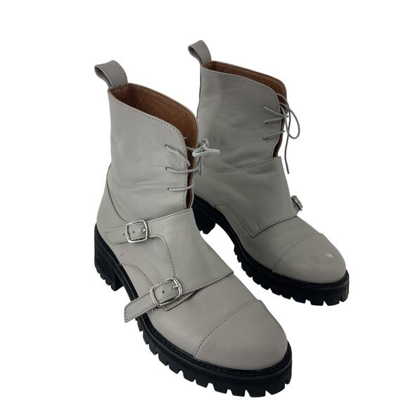 Julia Bo Greige Tall Buckle Combat Boots Leather Sz 7 Preowned - Picture 1 of 7